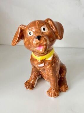 Vintage Ceramic Brown Dog Figurine Hand Painted Puppy Decor Signed